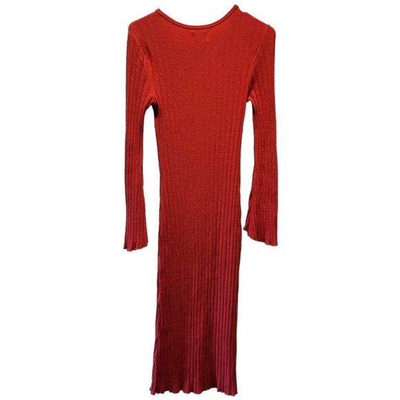 Simon Miller Midi Ribbed Knit Fitted Long Sleeve Orange Red Dress SZ 0 - Picture 2 of 7